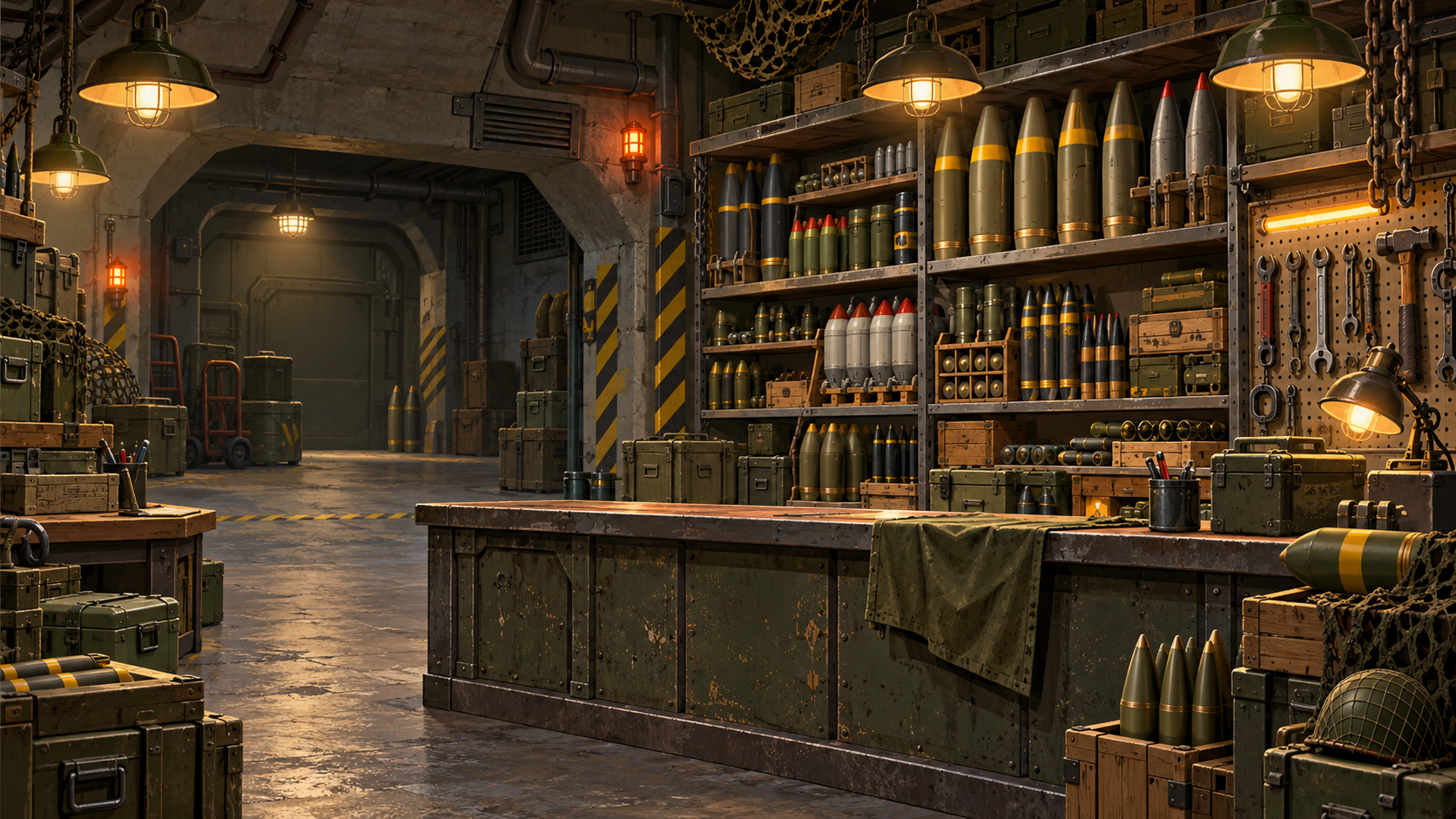 A cartoon military quartermaster bunker stocked with artillery rounds and crates